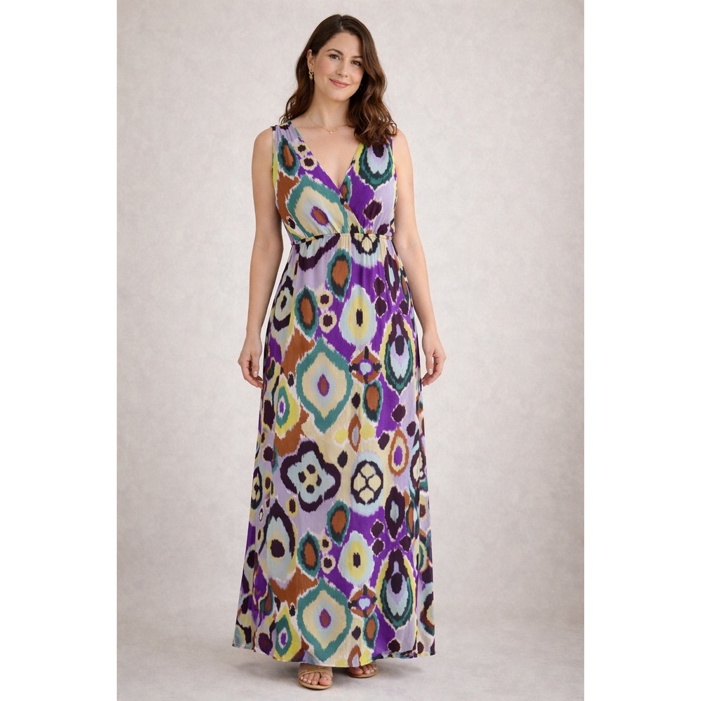 Chico's Ikat Maxi Dress Size 2.5 L 14 Purple Abstract Sleeveless V-Neck Boho USA